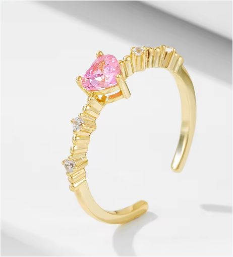  Sterling  love heart pink zircon adjustable gold plated rings for women
