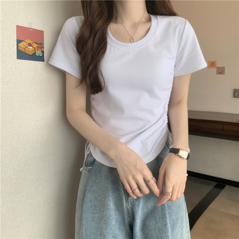 420 Women's Loose Crewneck Drawstring Slim Short Sleeve T-shirt