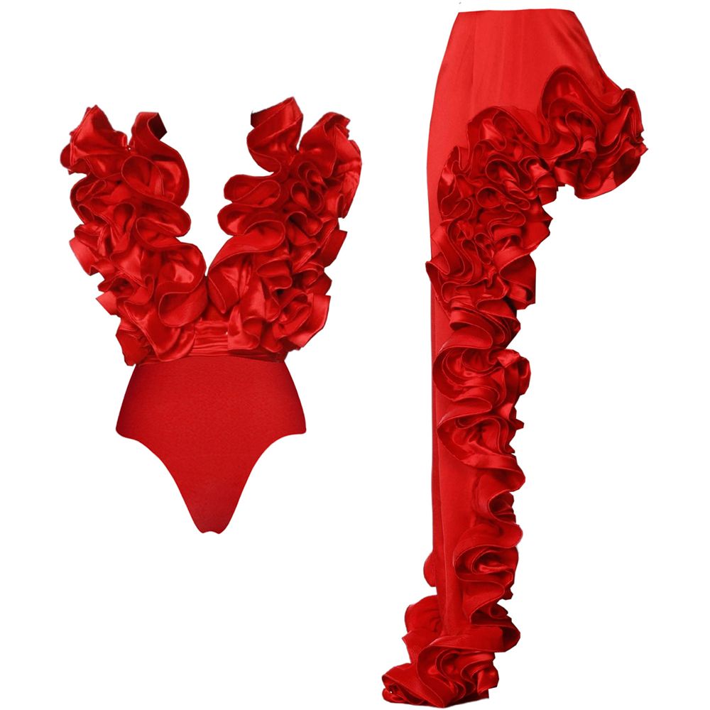 25055 Womens One Piece Swimsuit Vintage Ruffle V Neck Bathing Suits Irregular Skirt Monokini Beachwear