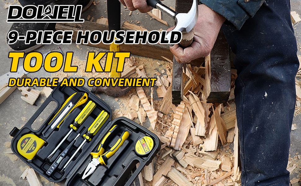 Homeowner Tool Set 9 Pieces General Household Small Hand Tool Kit with Plastic Tool Box Storage Case