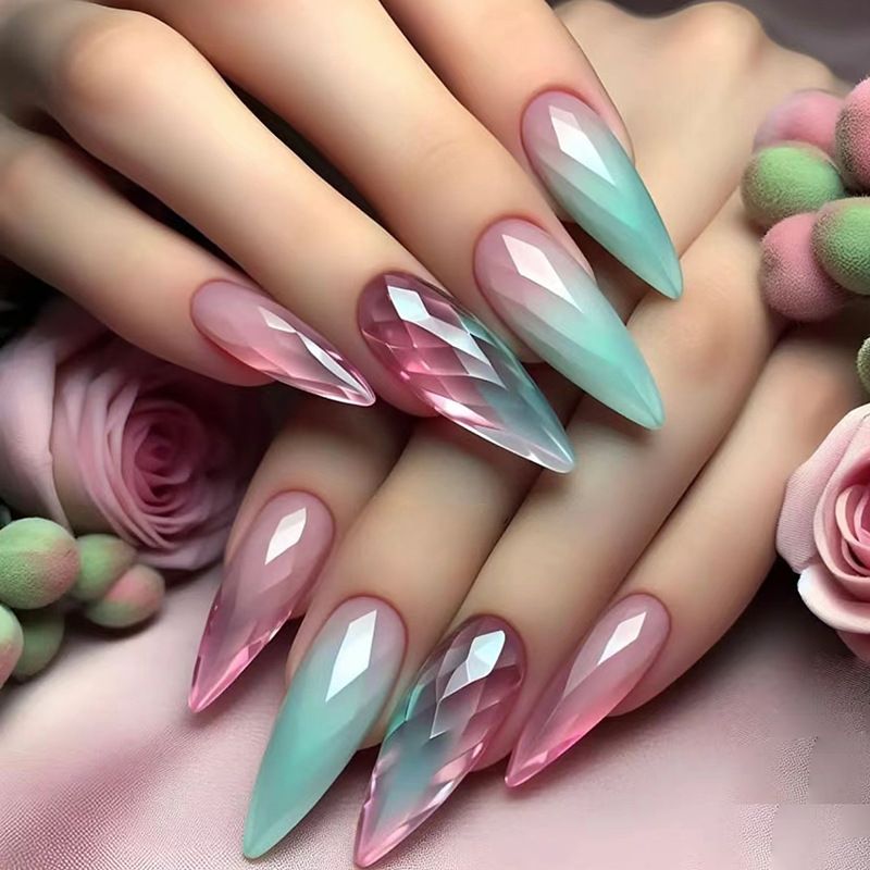 W1537 Glossy Press on Nails, Medium Stiletto 3D Gradient Cat's Eye Nude Color Ins Style Fake Nails, Full Cover Artificial False Nails for Women and Girls
