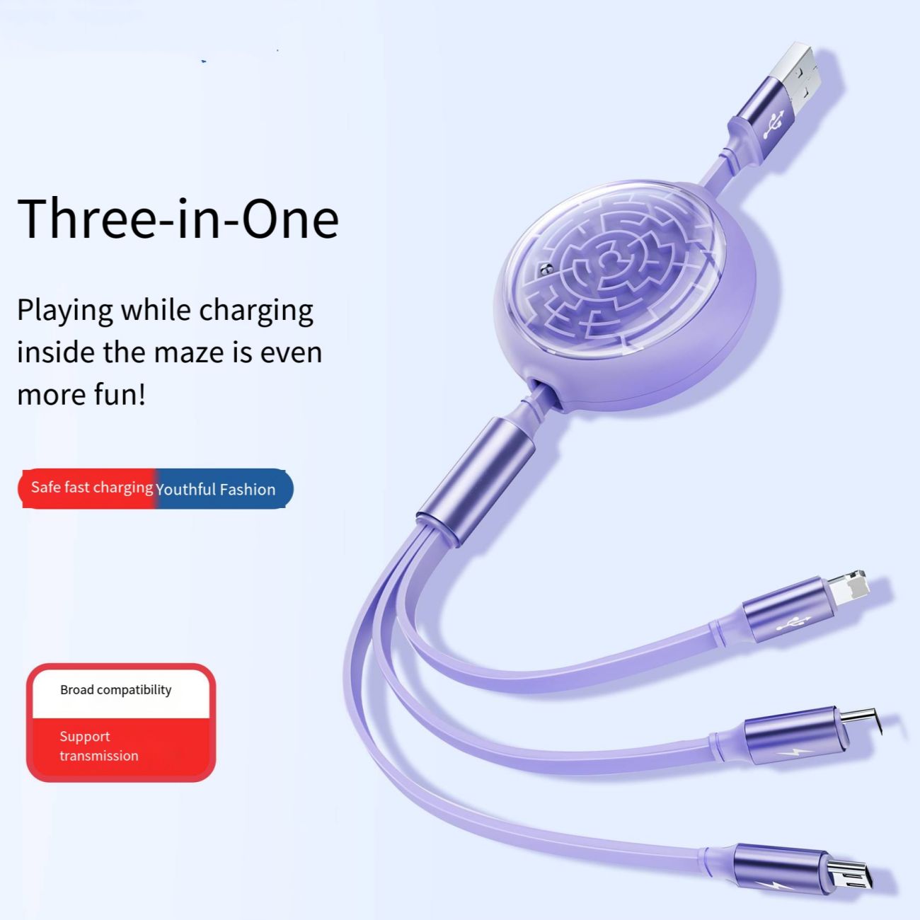 Round Disc Retractable 3 in 1 USB Fast Charging Cable, Telescopic Multi Charger Wire Compatible with iPhone Micro USB Type-C, Portable Car Universal Charging Cord for Mobile Phone