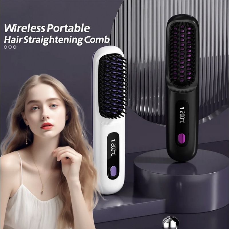 Wireless Negative Ion Hair Straightener Comb, Portable Rechargeable 2‑in‑1 Hair Styling Brush
