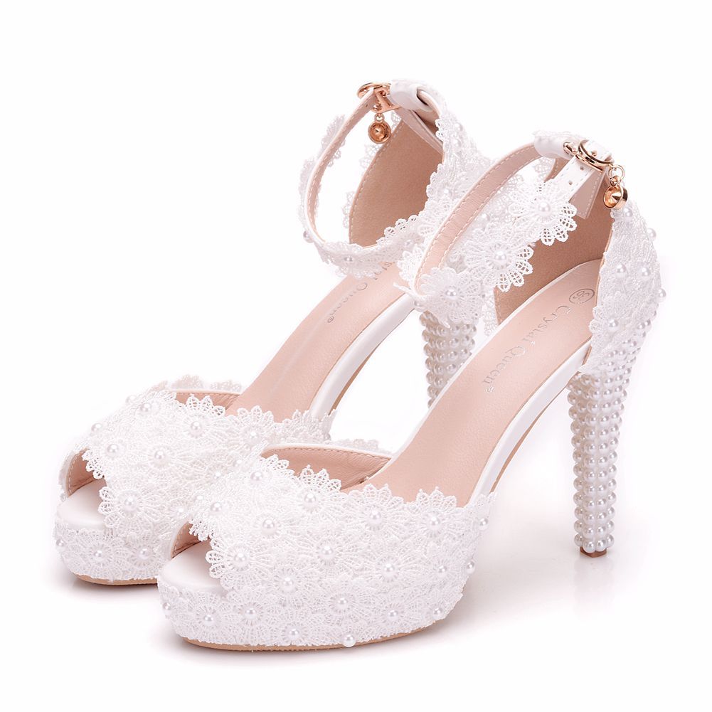 CRRshop free shipping female hot sale fish-mouth waterproof platform thin heel white lace wedding shoes women best sell new fashion personality trend flower bead high heels sandles