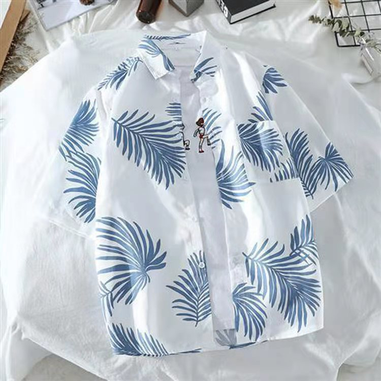 big boy's Floral Printed Casual Button Down short Sleeve Hawaiian Shirt Light