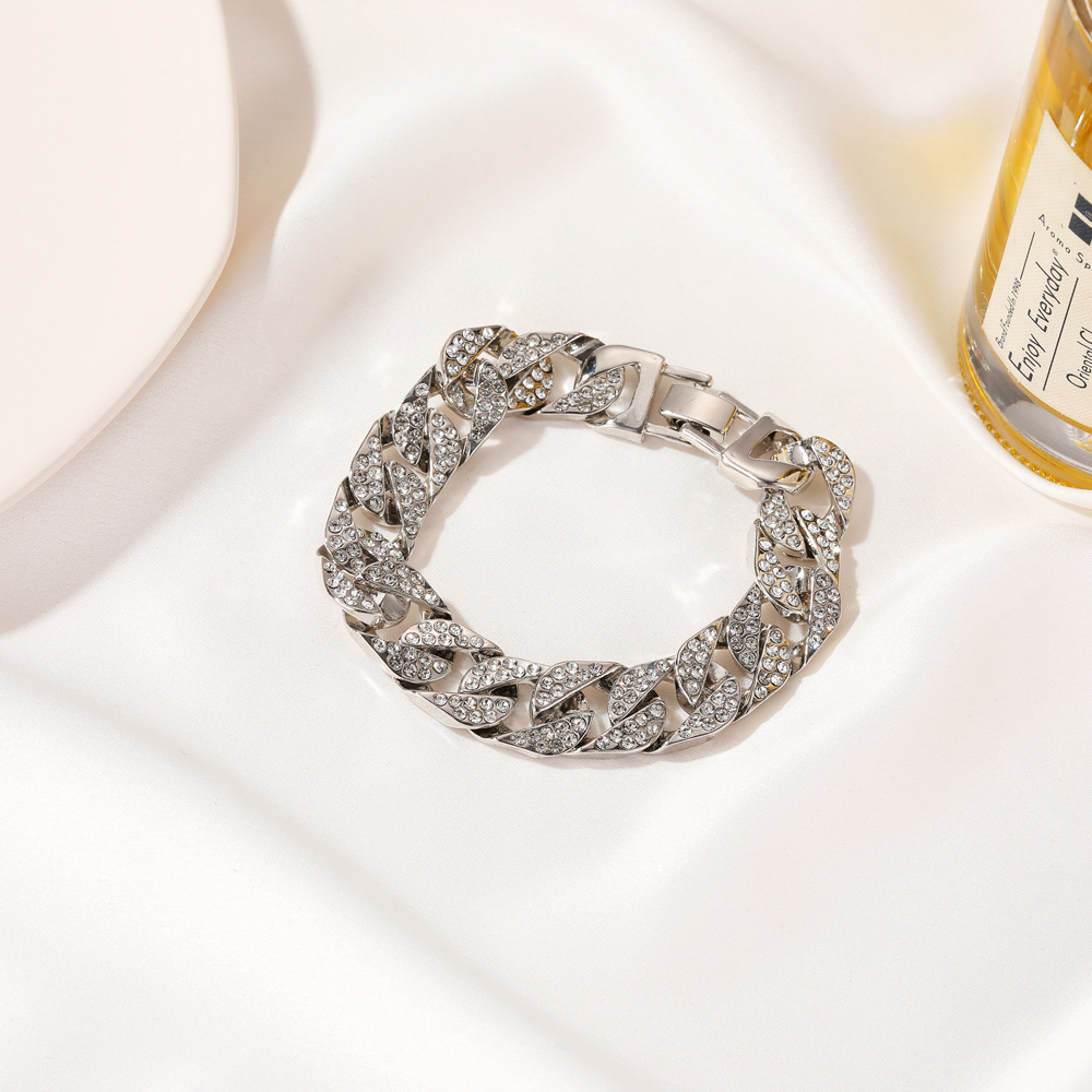 A031 12mm Bold Cuban Chain Bracelets for Men,Full Iced Out Rhinestones Links, Bling Crystal Curb Chain Punk Hiphop Bracelet
