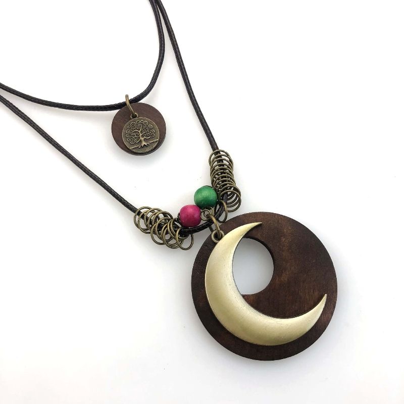 Multi layer necklace Cotton and linen wooden pendant, long necklace, crescent shaped accessory free shipping