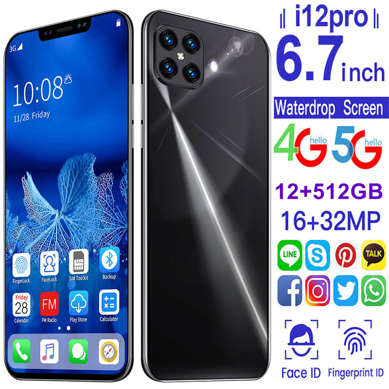 I12pro Smartphone 6.7Inch Full screen 12GB RAM+512GB ROM Dual Sim Dual Standby Face Recognition Mobile Phone