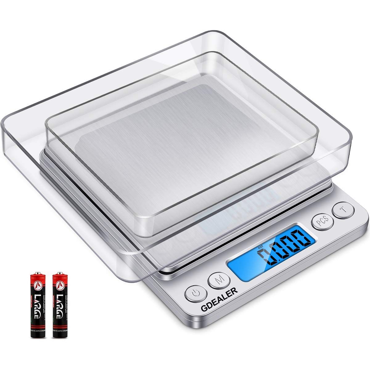 Digital Pocket Kitchen Scale Multi-Function Food Scale Jewelry Baking 0.1oz/0.1g 3kg Tare Stainless Steel Backlit Display Silver Free 2 Batteries and 2 Trays