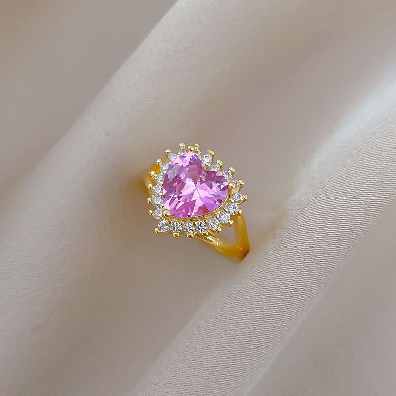Romantic Double Halo Pink Heart Cubic Zirconia Open Adjustable Ring Real Gold Electroplated Hollow Wide Finger Band Sparkly Crystal Wedding Promise Hand Jewelry Minimalist Matching Couple Statement Ring Gift For Women Dating Banquet Party Fashion Accessory
