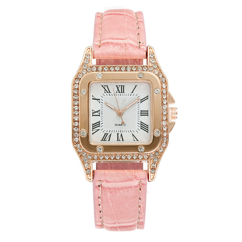 women's square diamond watch set leather waterproof strap quartz watch and jewelry bracelet girls set