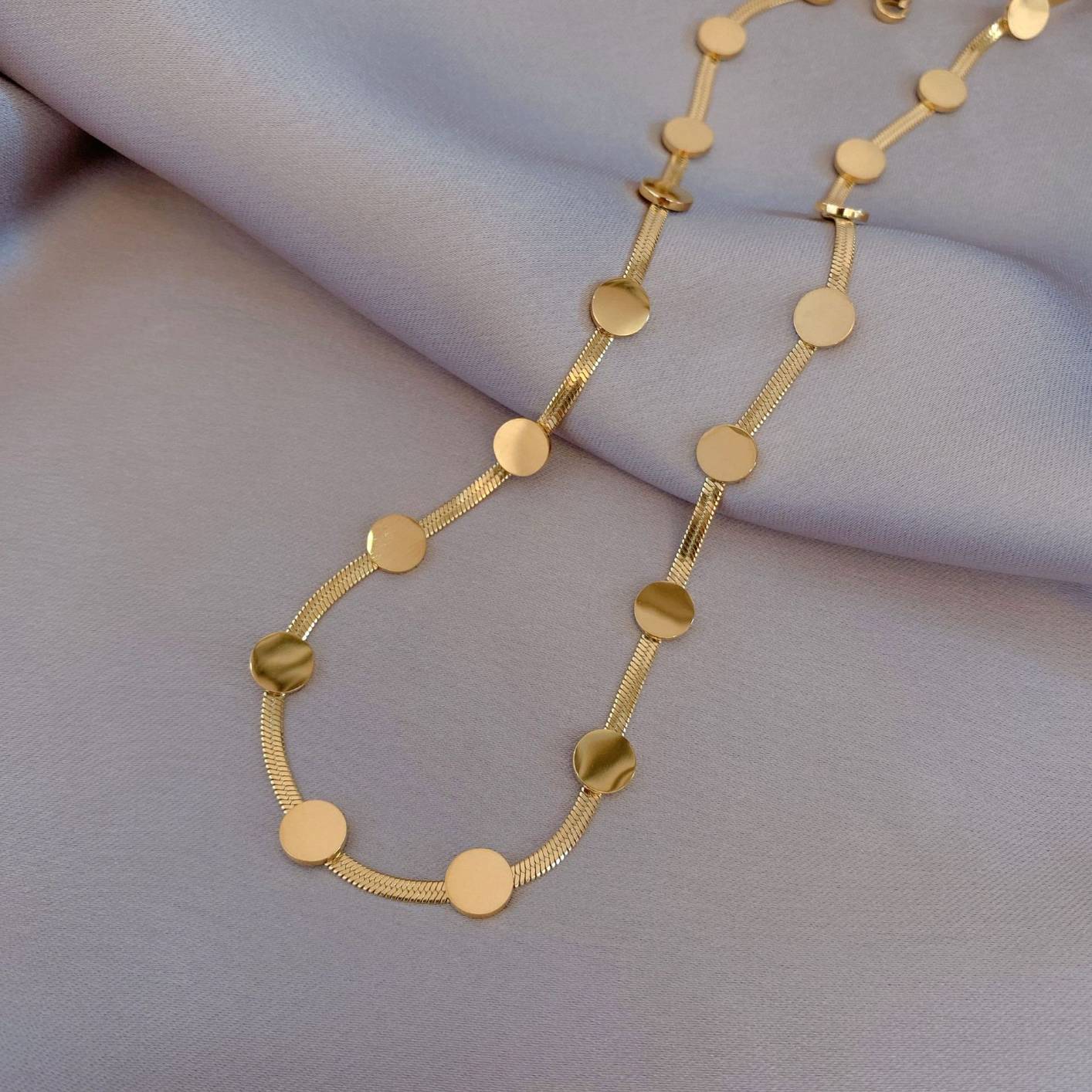 T098 Gold Plated Snake Chain with Flat Bead Decor Dainty Choker Necklace for Women Girls