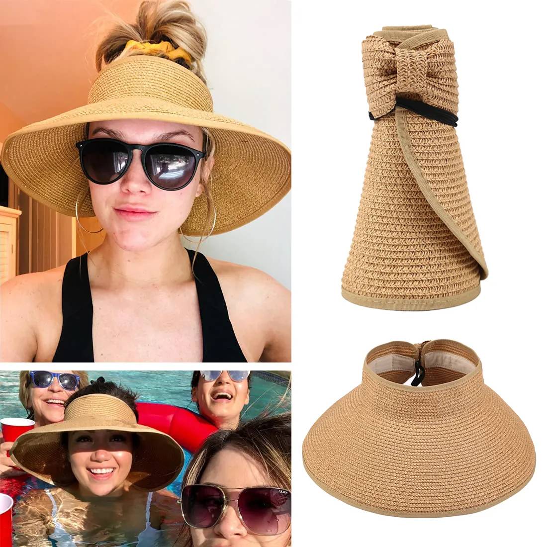 New Women Roll Up Sun Visor Wide Brim Straw Hat Summer Foldable Packable UV Protection Cap for Beach Travel Bonnet