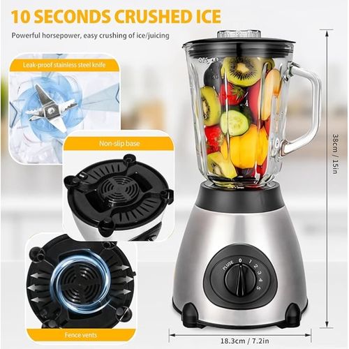 Multifunctional Blender Electric 1.5 L Glass  Mixer  5 Speed Levels - Silver