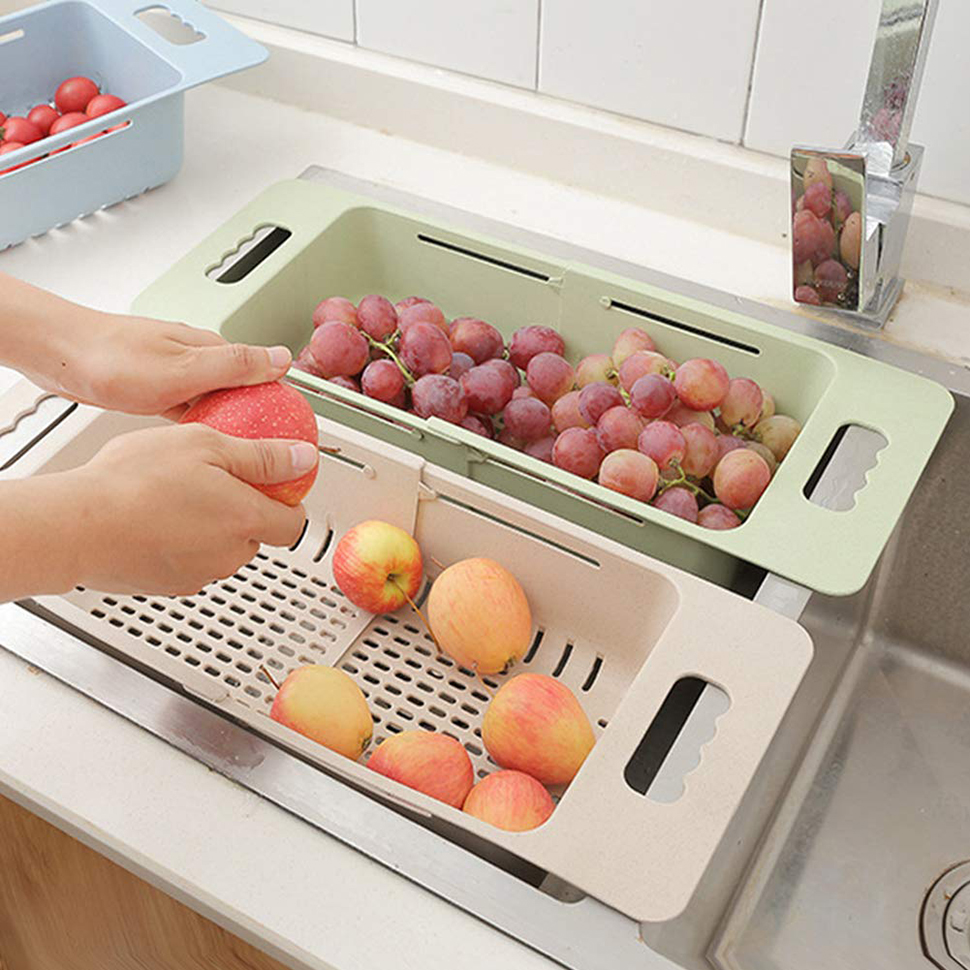 Extendable Over the Sink Colander Fruits and Vegetables Drain Basket Adjustable Strainer Sink Washing Basket for Kitchen