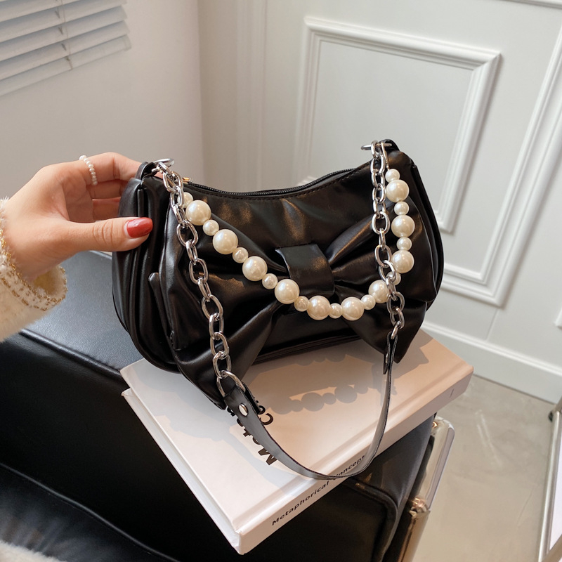 4-87-2 Ladies Underarm Bag 2022 Summer New Stylish Vintage Pleated Bow Pearl Chain Small Square Bag Women's Shoulder Bag