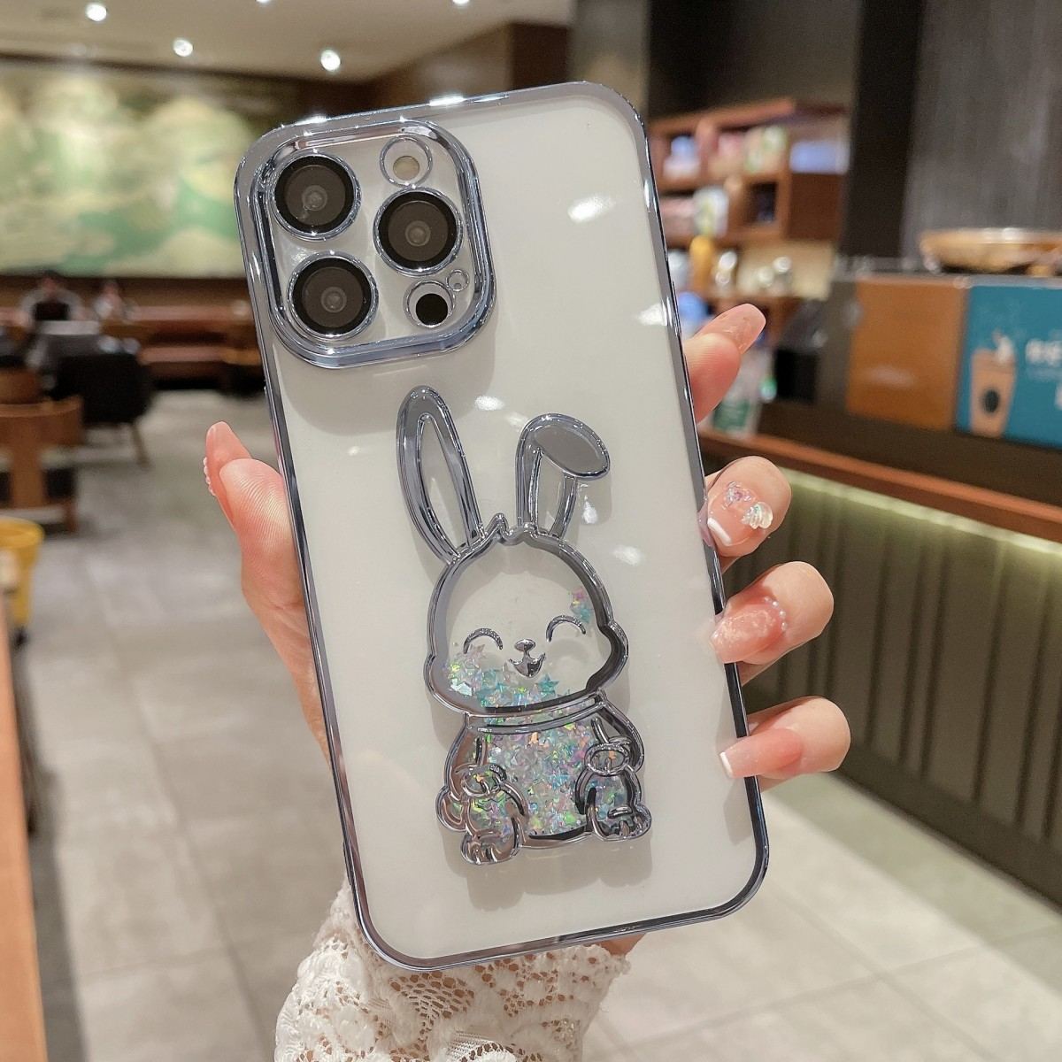 High quality for iPhone11-14 Pro electroplated quicksand three-dimensional cute rabbit 15promax lens film anti-fall protective shell