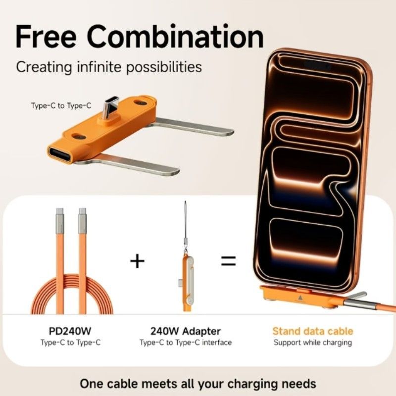 Multi-Functional Foldable OTG Data Stand Cable, Max 240W Ultra Fast Charging, Support OTG Data Transmission, Built-In Foldable Adjustable Phone Stand, Wide Compatibility For iPhone, Type-C Smartphones, Laptops, Tablets, Game Consoles, Ideal For Gaming
