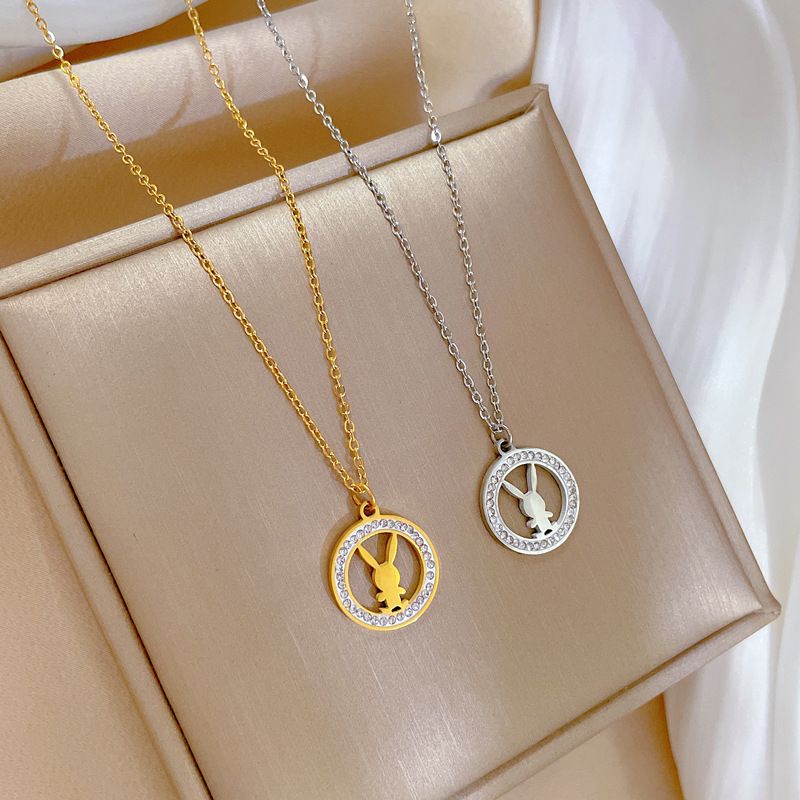 Women Full Solid Titanium Steel Round Ring Bunny Pendant Clavicle Chain Real Gold Plated Minimalist INS Dainty Necklace Hypoallergenic Waterproof Anti-Fade Cute Rabbit Rhinestone Circle Jewelry Daily Dating Party Banquet Fashion Neck Accessory Gift For Ladies
