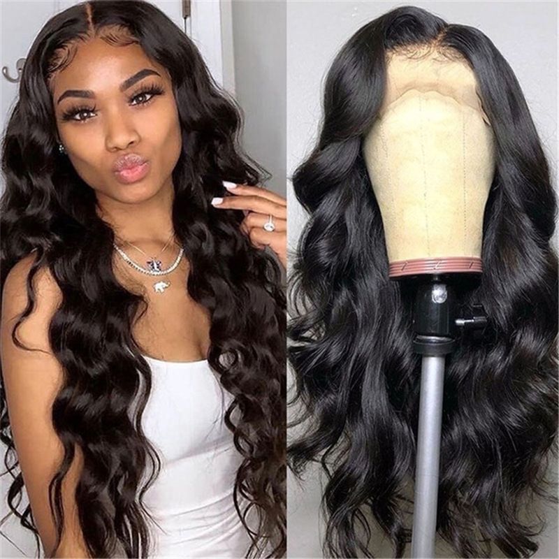 A full-length black, wavy, synthetic fiber wig for a woman with medium-parted long curly hair in Europe and America