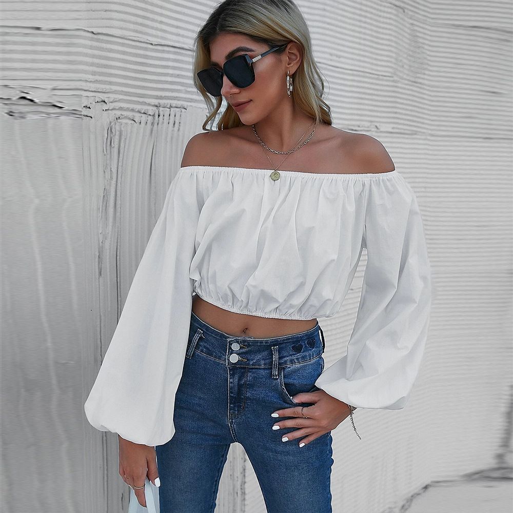 SSBL2710 Women's Spring/Summer New Lantern Sleeve Solid Color Top Pleated Long-Sleeved Top