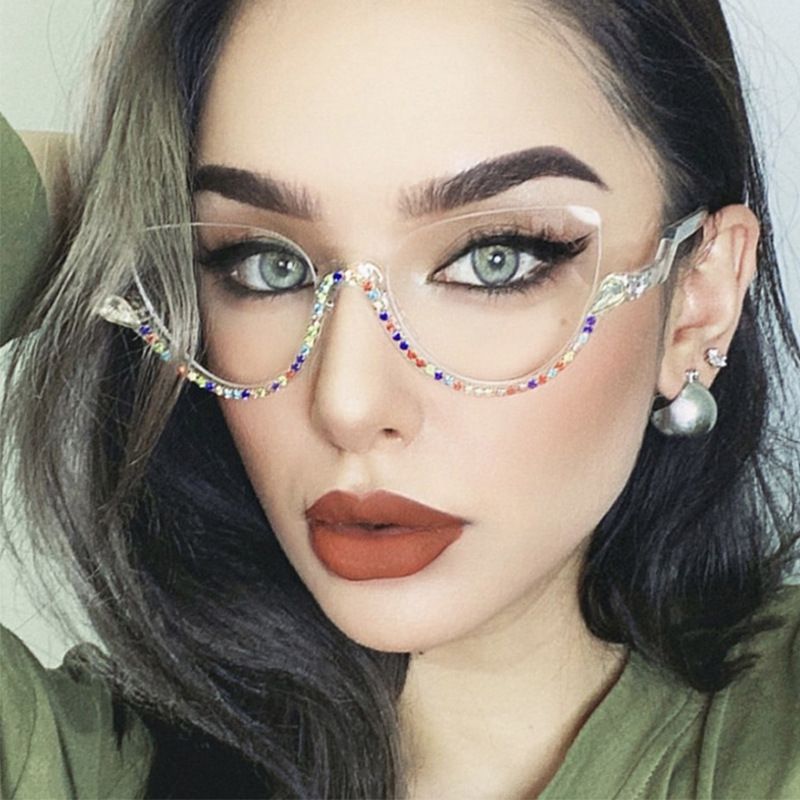 New INS Trendy Half-frame Rhinestone Glasses, Vintage Retro Bling Flat Optical Eyewear, Fashion Anti Blue Light Eye Protection Glasses, Stylish Face-flattering Eyeglasses for Daily Office Party