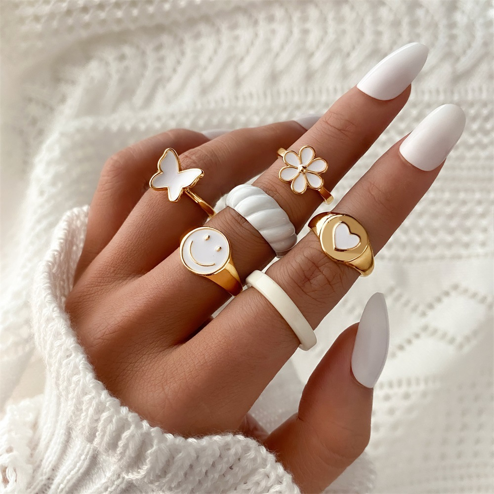 JZ-45 Women's Niche Retro Cute Cartoon White Peach Heart Ring Butterfly Smiling Face Joint Ring 6-Piece Set