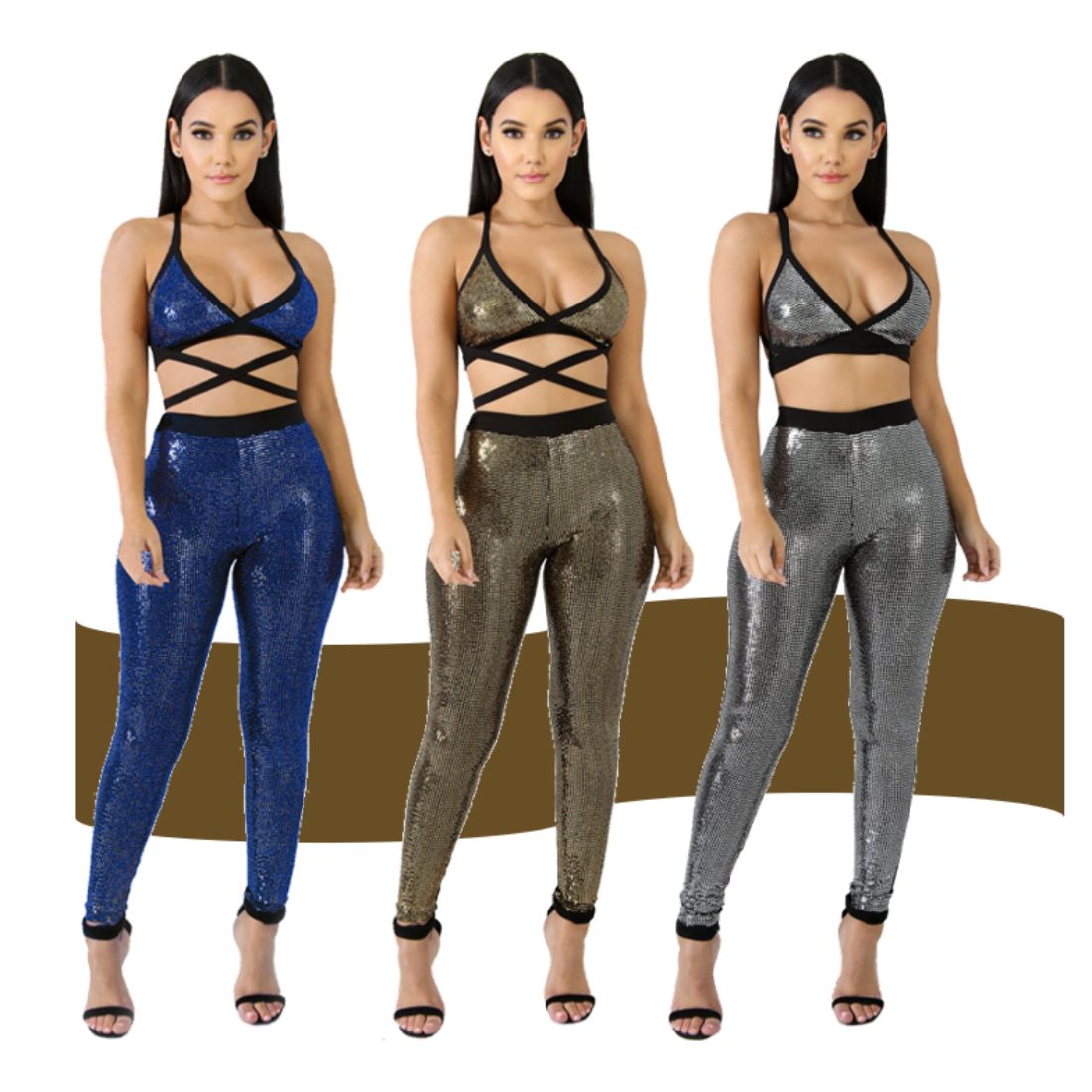 New women's fashion and leisure suit neck wrapped trousers bright sexy yoga suit waist shaping yoga suit seaside walk shopping party lady ladies woman women set suit vest trousers pants yoga sport 2-pieces two-pieces