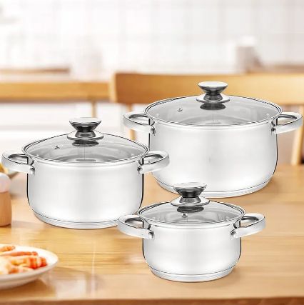 High-Quality 6Pcs 3set Stainless Steel Silver Cooking Pots and Pans Nonstick Capsulted Cookware Sets