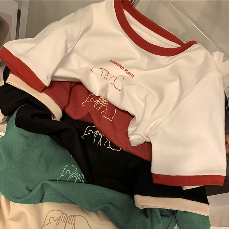 YF6242 Printed O-Neck T Shirt Embroidered Long Short Sleeve Clothing Women's T-shirt