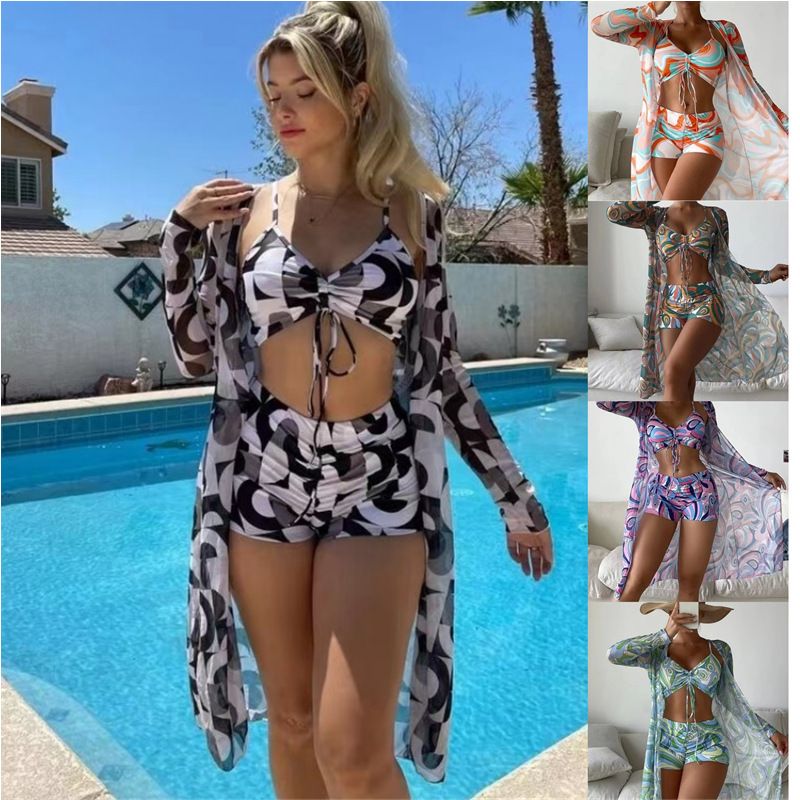 Swimsuit Swimming Suit Swimwear Bikini European and American Three Piece Swimsuit Set Sexy Split Beach Vacation Bikini Printed Drawstring Gathered Flat Corner Pants Mesh Hood Shirt Swimsuit