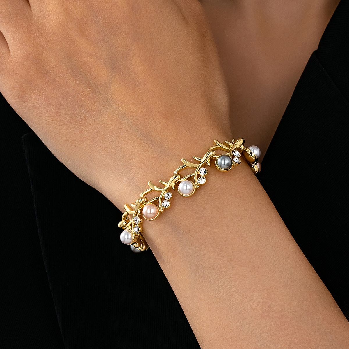 Elegant Gold Tone Branch Link Bracelet with Multi-Color Faux Pearls & Clear Crystals, Nature-Inspired Design, Adjustable Extension Chain, Statement Jewelry for Women
