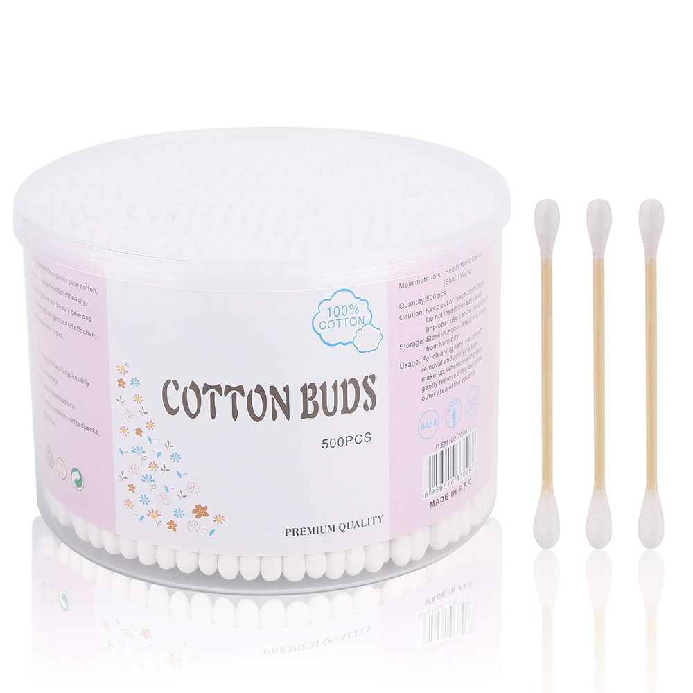 500pcs Cotton Swabs with Natural Hard Wooden Stick, Double Round Head Cotton Buds for Daily Use
