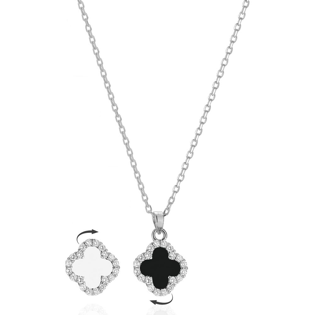 2 Side Crystal Clover Necklace for Women 18K Gold Plated Stainless Steel Four Leaf Lucky Pendant Black & White Cubic Zirconia Jewelry for Mother and Daughter