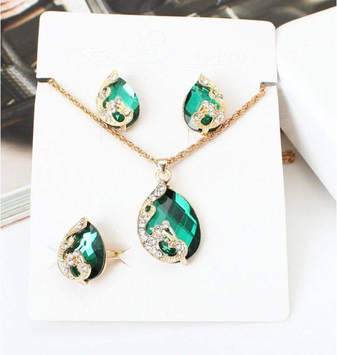 00132-5 Water Drop Gem Crystal Jewelry Necklace Female Exquisite Three Piece Necklace Earrings Ring Jewelry Set