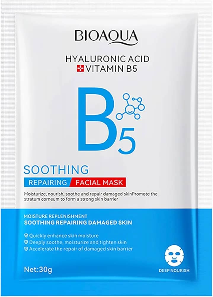 BIOAOUA Vitamin B5 Hyaluronic Acid, Yeast Extract Anti-Wrinkle & Soothing Repair facial mask 30g Moisturizing Skin Care Productsblue & white- vitamin b5
