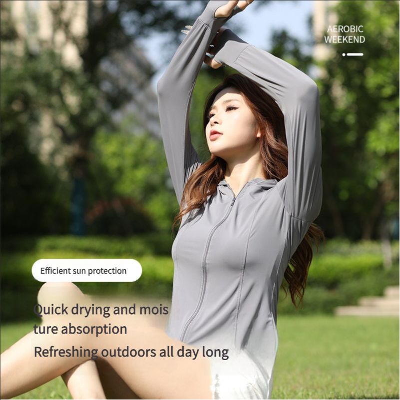 Ono's slim fit sun protection suit for women in summer, UV resistant jacket, breathable new ice silk hooded sun protection suit for womengrey