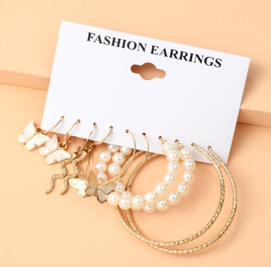 European and American Earring Set 5 pairs creative retro butterfly snake earrings pearl earrings metal big earrings 5-piece set