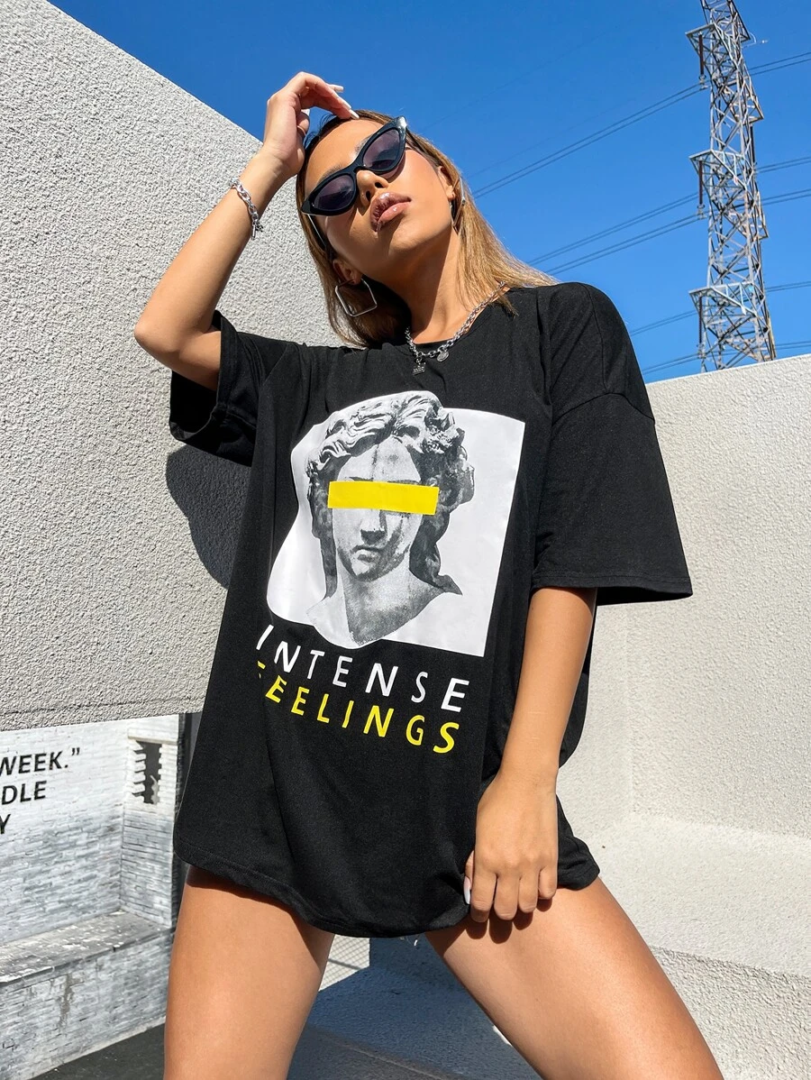 DX055#  Women Letter & Graphic Print Drop Shoulder Tee T-Shirt