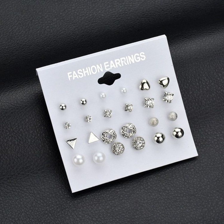 12 Pairs/Set Exquisite Gril Earrings Heart-Shape Diamond Pearls Ear Studs Women Jewellery Kit  Gift Jewelry 