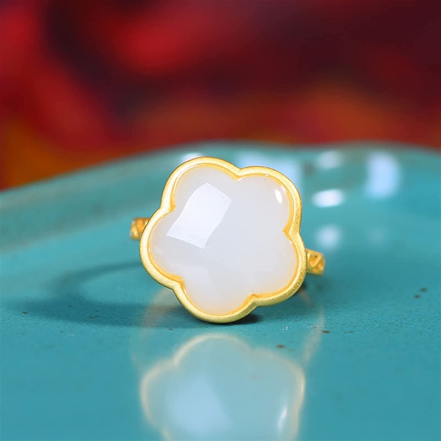 Silver Inlaid Hetian Jade Flower Ring, Female Gold Inlaid Jade Ring