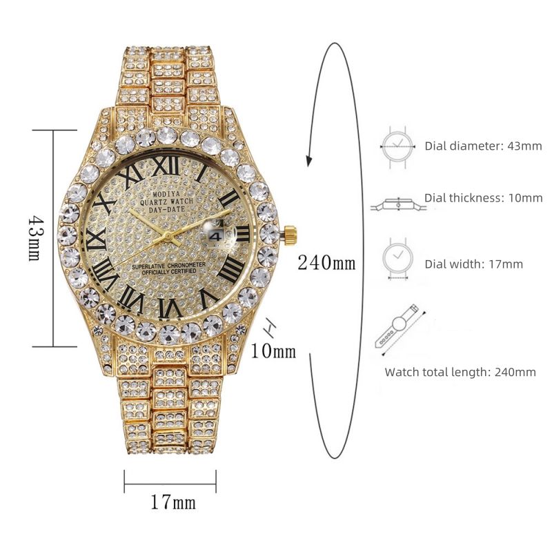 Diamond studded men's watch, gold filled with diamonds, calendar quartz watch CRRSHOP free shipping Wrist Watch Father's Day Gift