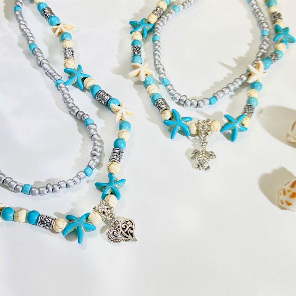 New Bohemian Sea Turtle Pendant Starfish Necklace Ins Retro Multi layer Stacked Beaded Women's Clavicle Chain