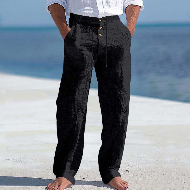 Men's Bottoms Pants Casual American Men's Cotton Linen Pants Button Decoration Drawstring Summer Beach Pants Straight Tube Solid Color Breathable Pants