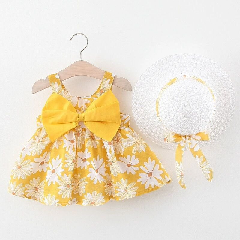 2pcs Flowers Baby Girl Dress Summer Fashion Baby Girls Clothes Beach Dresses Girl Kid's Dress Send Hat