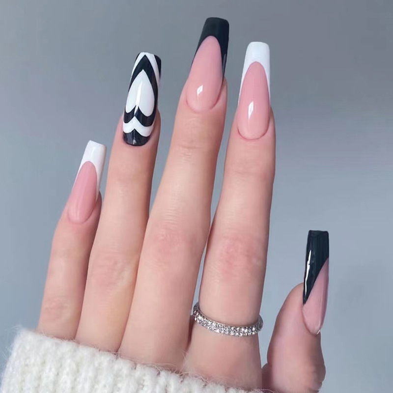 W126 24 Pcs Glossy Press on Nails, Super Long Coffin French Heart Pattern Fake Nails, Full Cover Artificial False Nails for Women and Girls