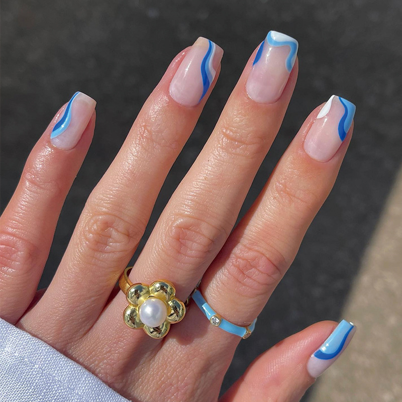 JP1803 24 Pcs Glossy Press on Nails, Medium French Square White and blue Contrast Waves Fake Nails, Acrylics Full Cover False Nails for Women and Girls
