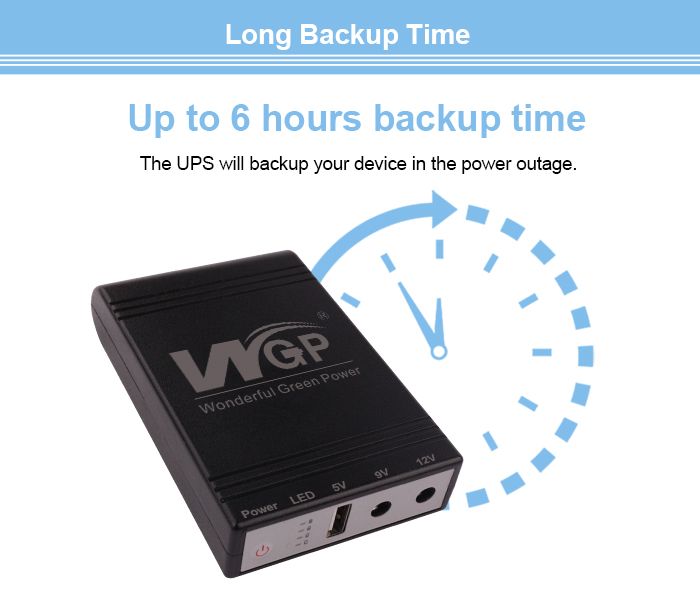 UPS103 Mini UPS Battery Backup Uninterruptible Power Supply for Router, Modem, Security Camera, Input DC or USB Output USB 5V DC 5V 9V 12V 1A (38.48wh)