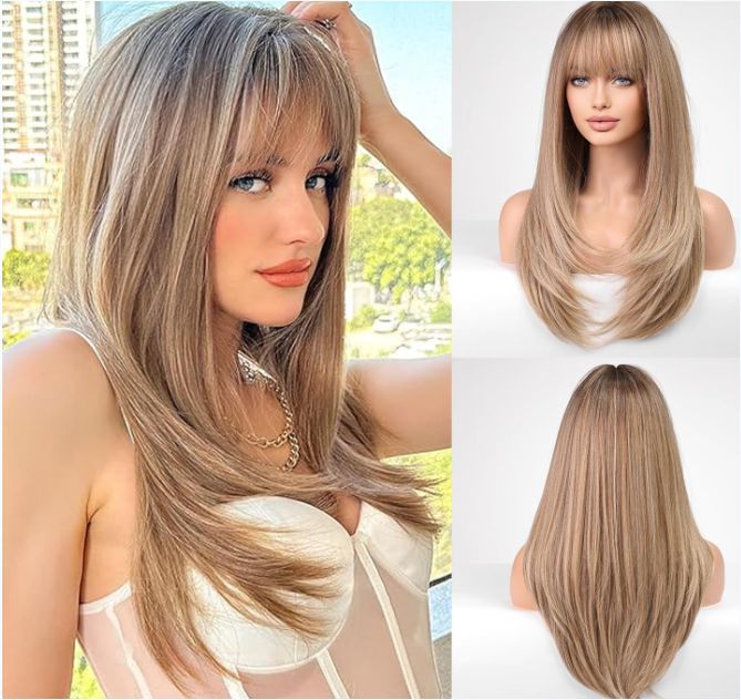 Long Ash Blonde Wigs for Women Straight Synthetic Layered Wig with Bangs and Dark Roots