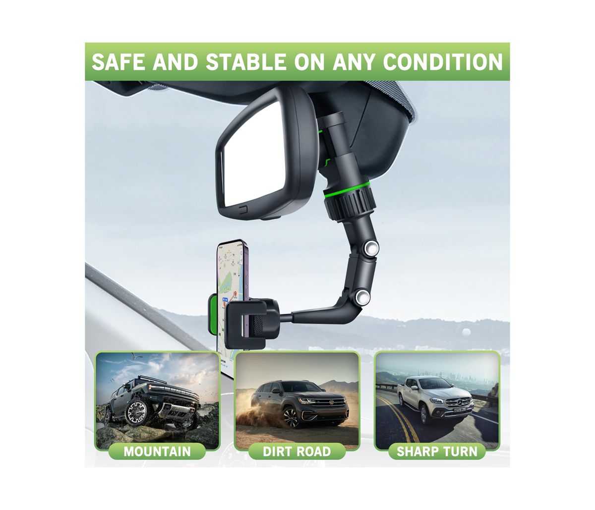 Upgraded Multifunctional Rearview Mirror Phone Holder - 360 Rotatable and Retractable with Adjustable Length for All Mobile Phones and Cars